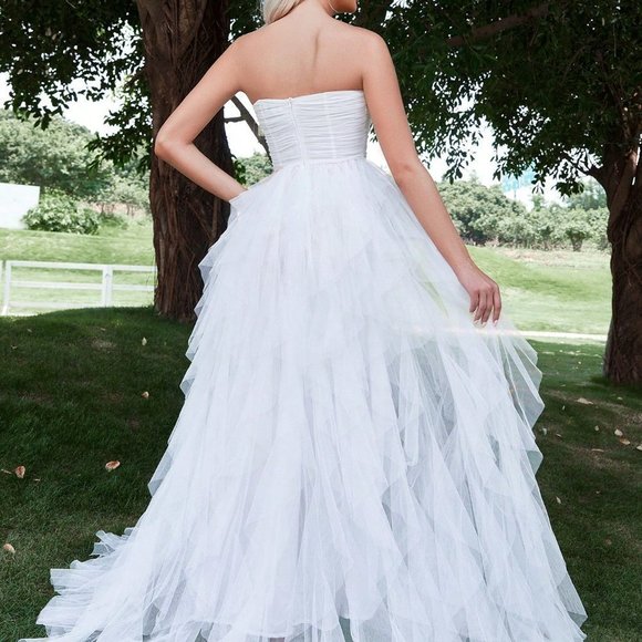 White Preppy Womens Solid Ruched Tube Wedding Dress - Picture 3 of 5